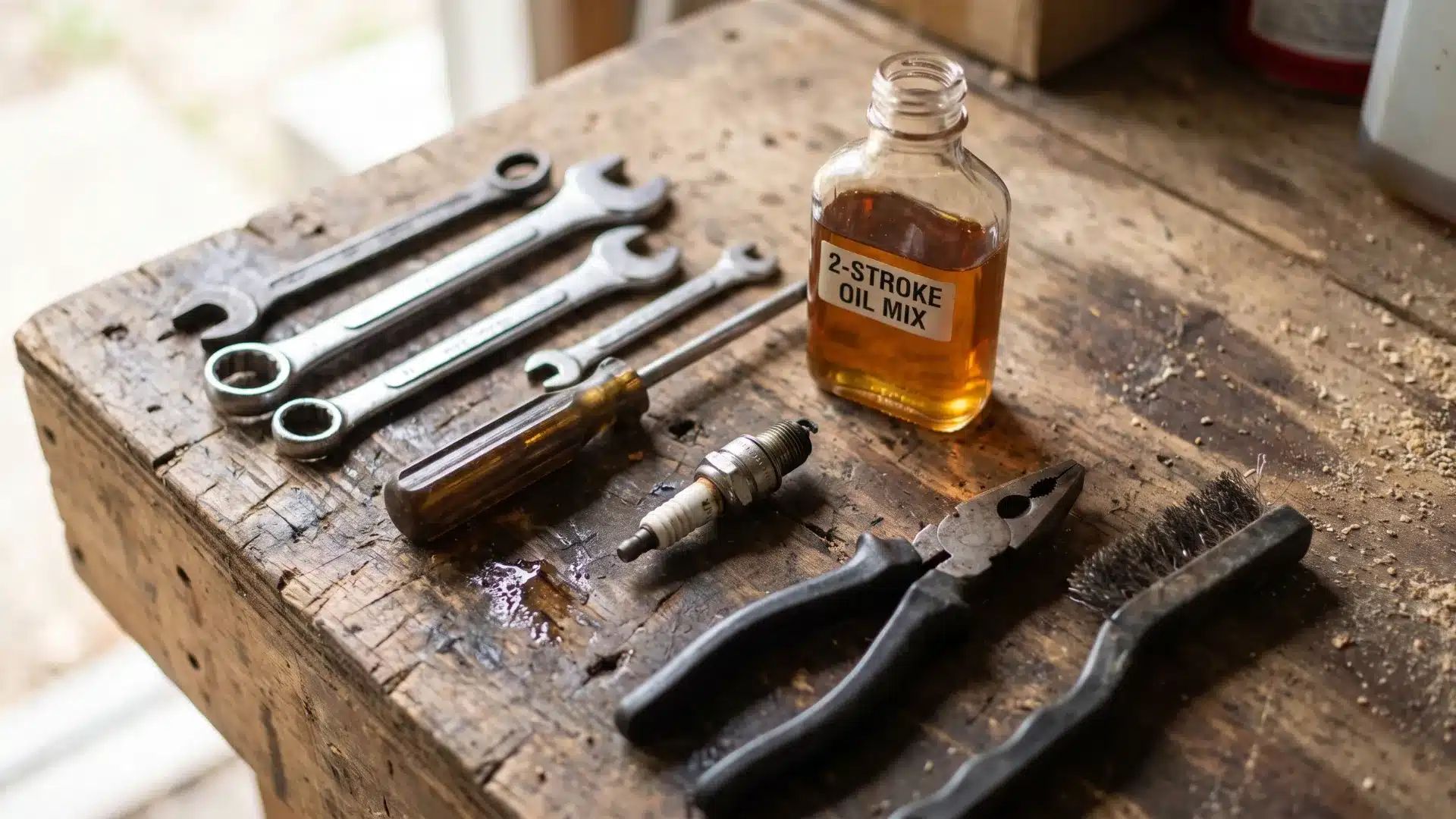 Motorcycle maintenance tools, including two-stroke oil mix, a spark plug, pliers, and wrenches, on a workshop table.