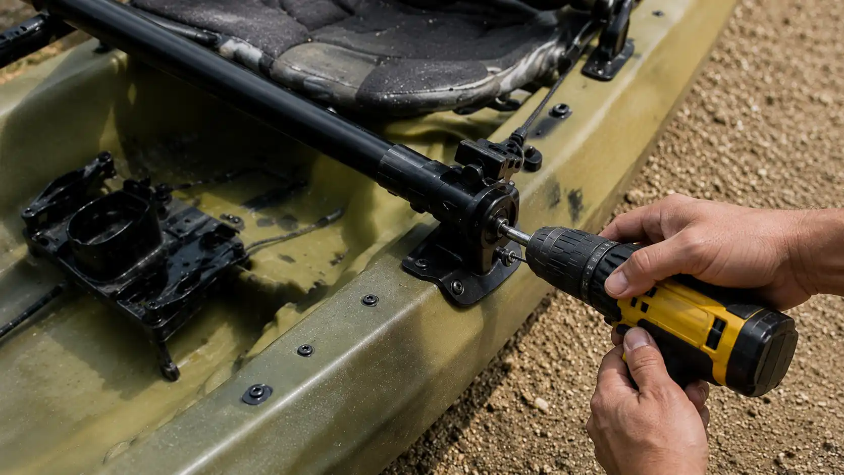 Close-up of realistic hands using a cordless drill to secure a kayak outrigger mounting bracket beside a padded seat.