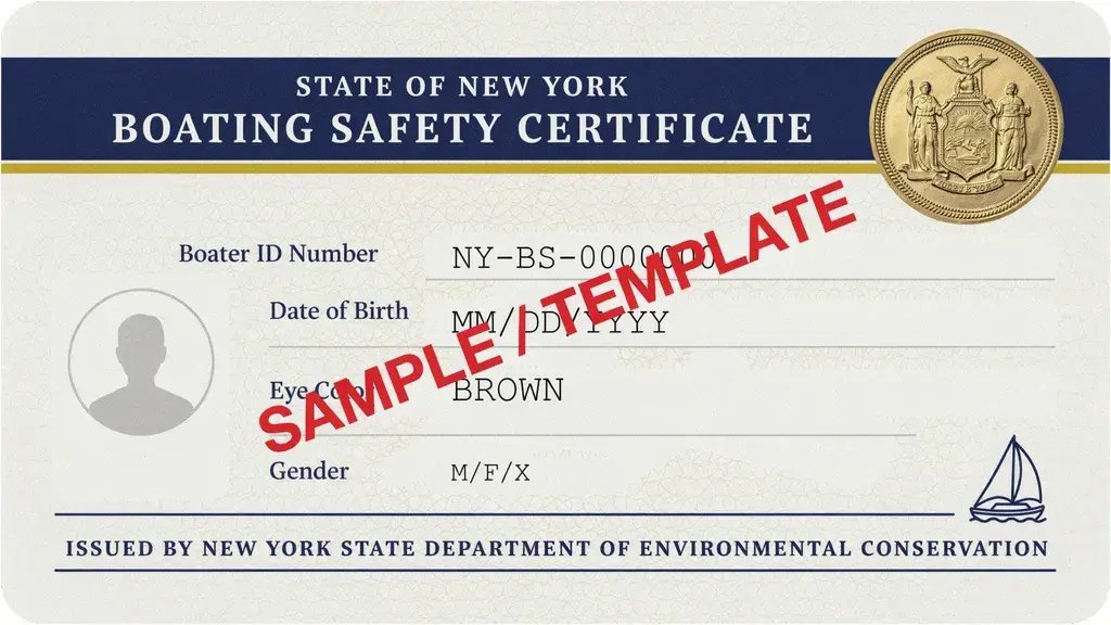 New York boating safety certificate template showing ID details, personal information fields, and official state markings.