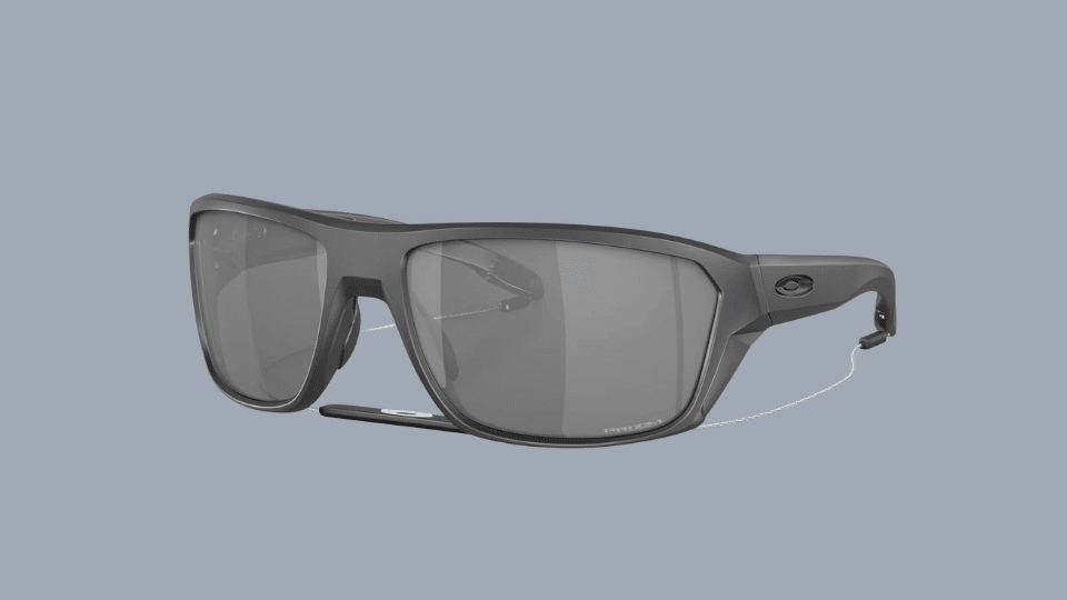 Oakley Split Shot polarized fishing sunglasses with side shields and Prizm lenses on a plain background
