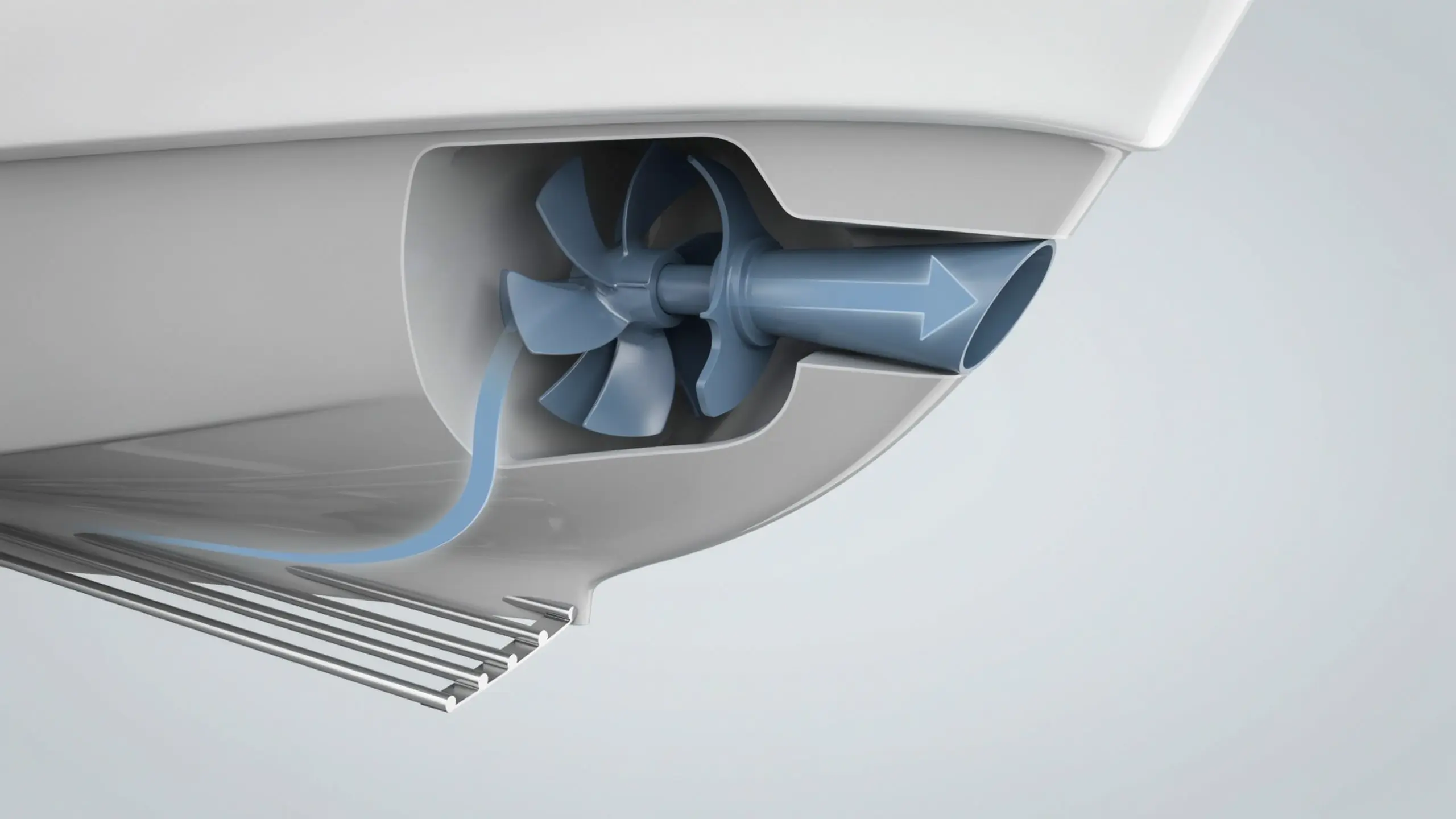Cutaway view of a marine jet propulsion system showing impeller, water intake and exhaust flow inside boat hull HD