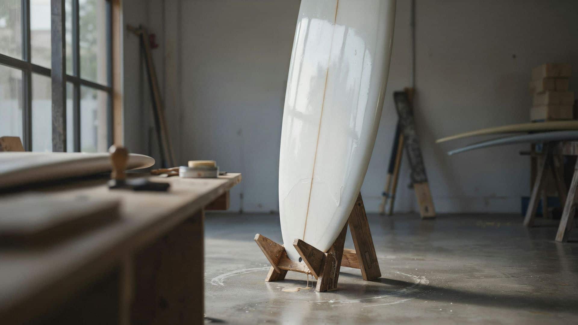 White PU polyurethane surfboard standing on a wooden rack in a shaping room