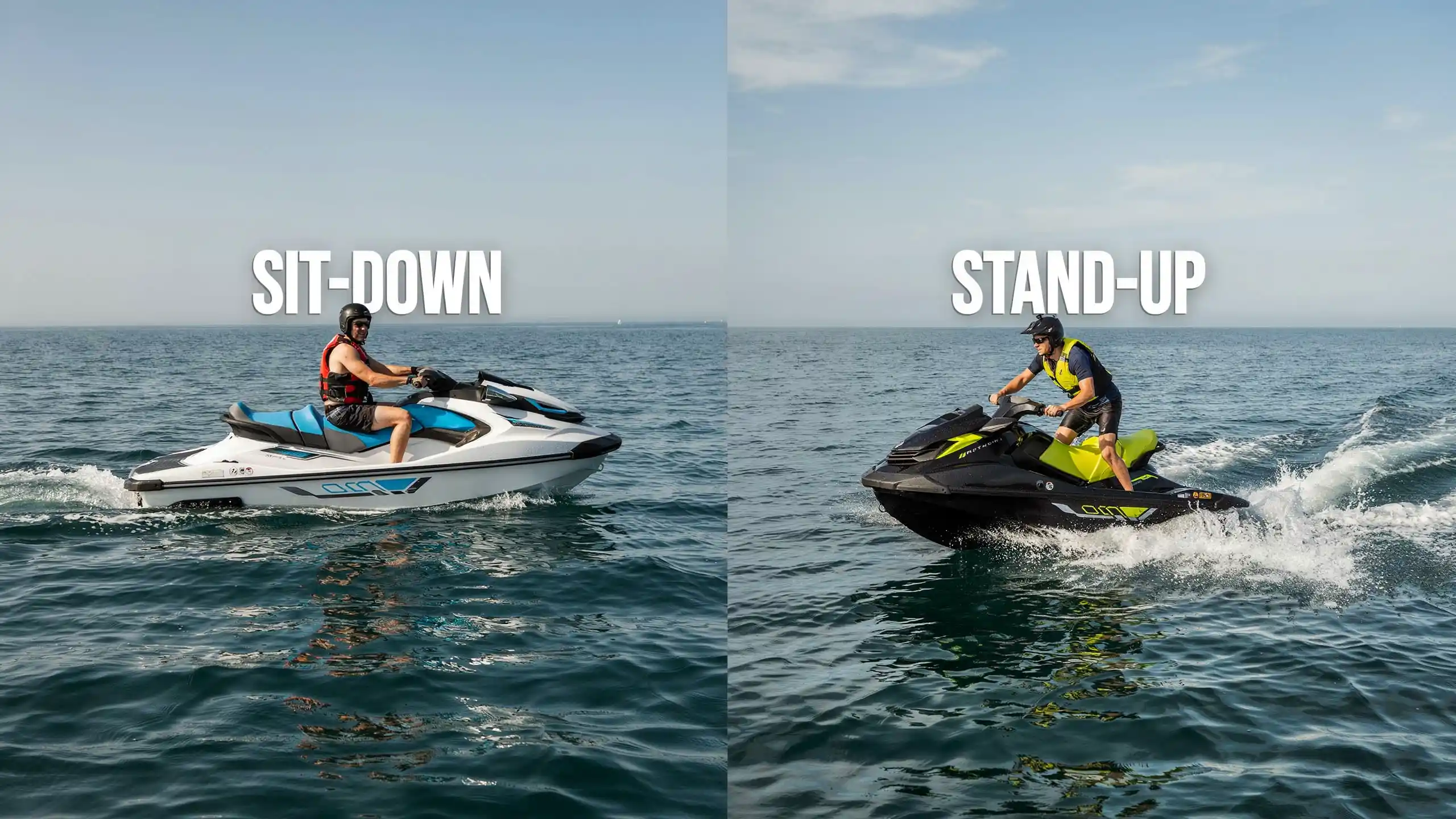 Split view showing sit-down jet ski rider on left and stand-up jet ski rider on right over open ocean water scene .