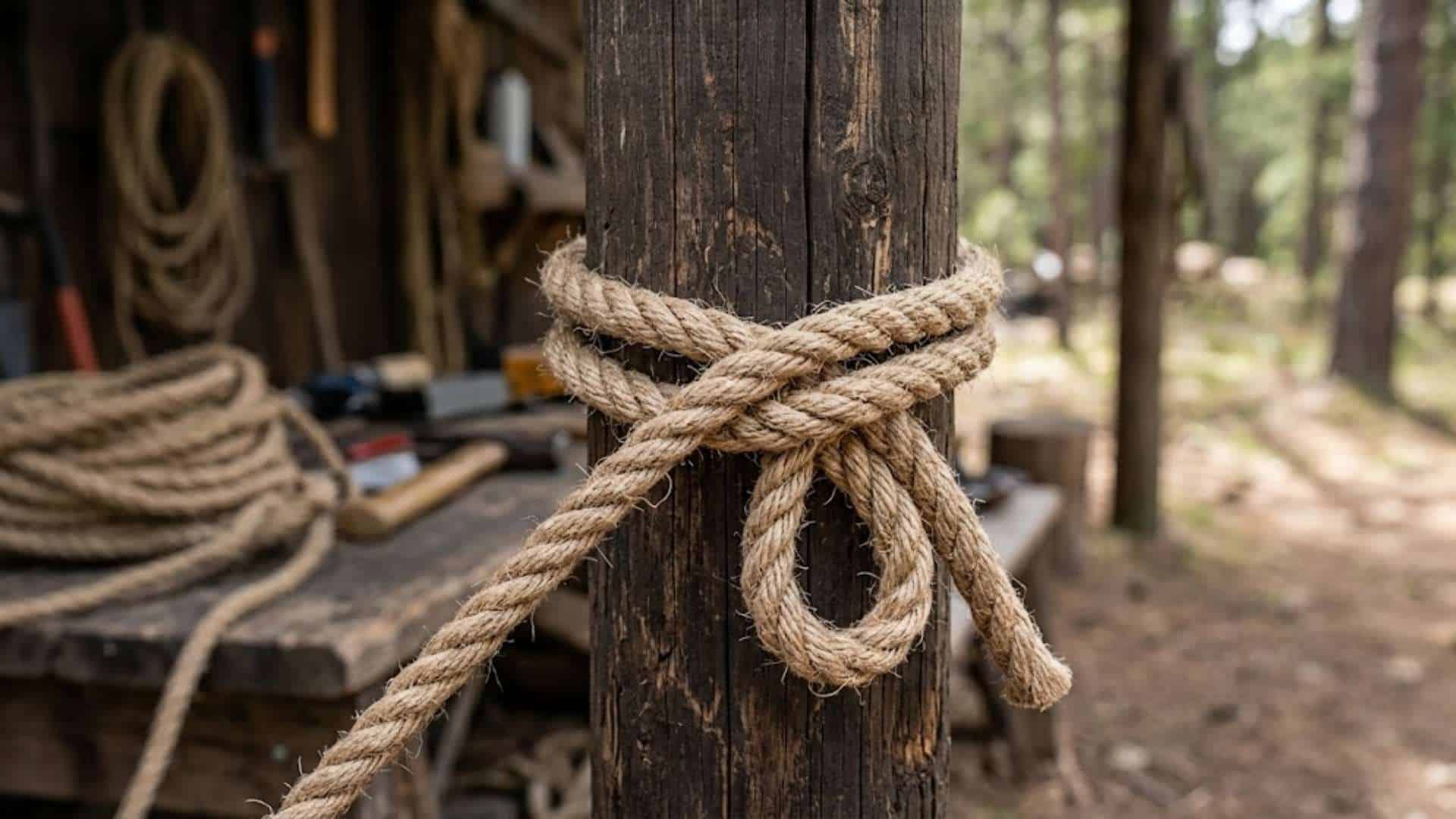 Slipped clove hitch knot tied around a wooden post with a quick release loop and rope tail visible in outdoor setting