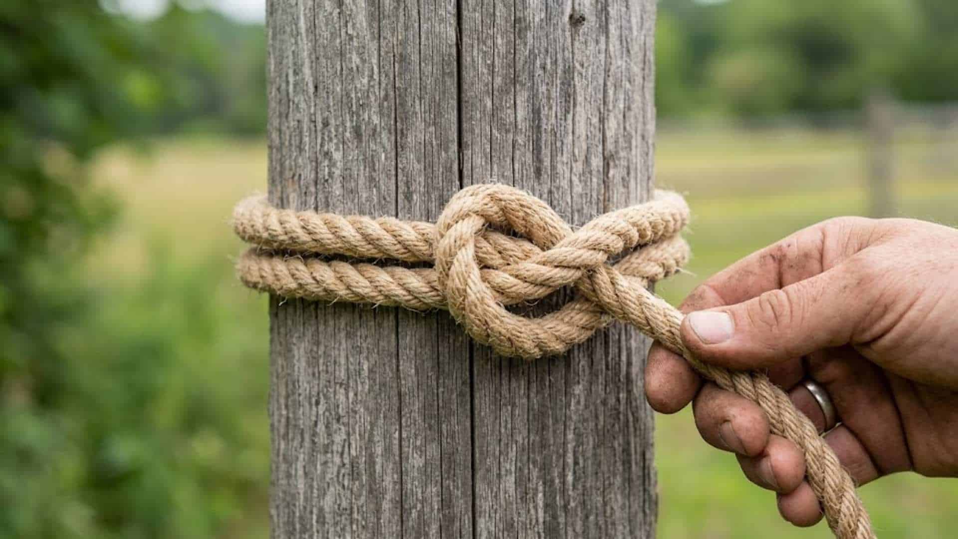 Standard Clove Hitch tied to a rustic wooden post in a field, held by a hand.