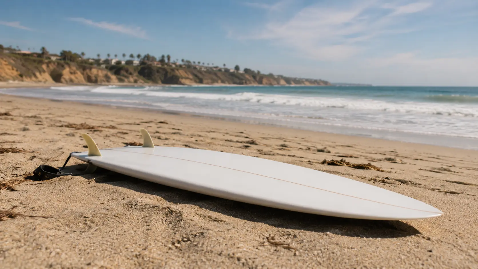 Surfboard resting on sandy beach near ocean waves, with coastal cliffs and clear blue sky in background.