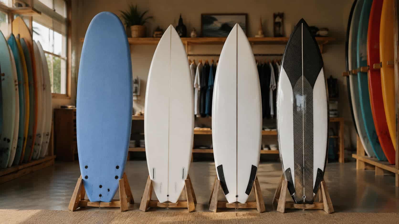 Surfboards arranged from beginner soft top boards to advanced high performance designs