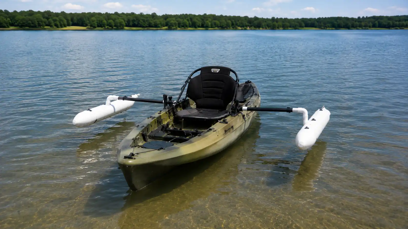 Kayak with DIY outriggers floating in shallow lake water, viewed from the front under clear skies and calm conditions.
