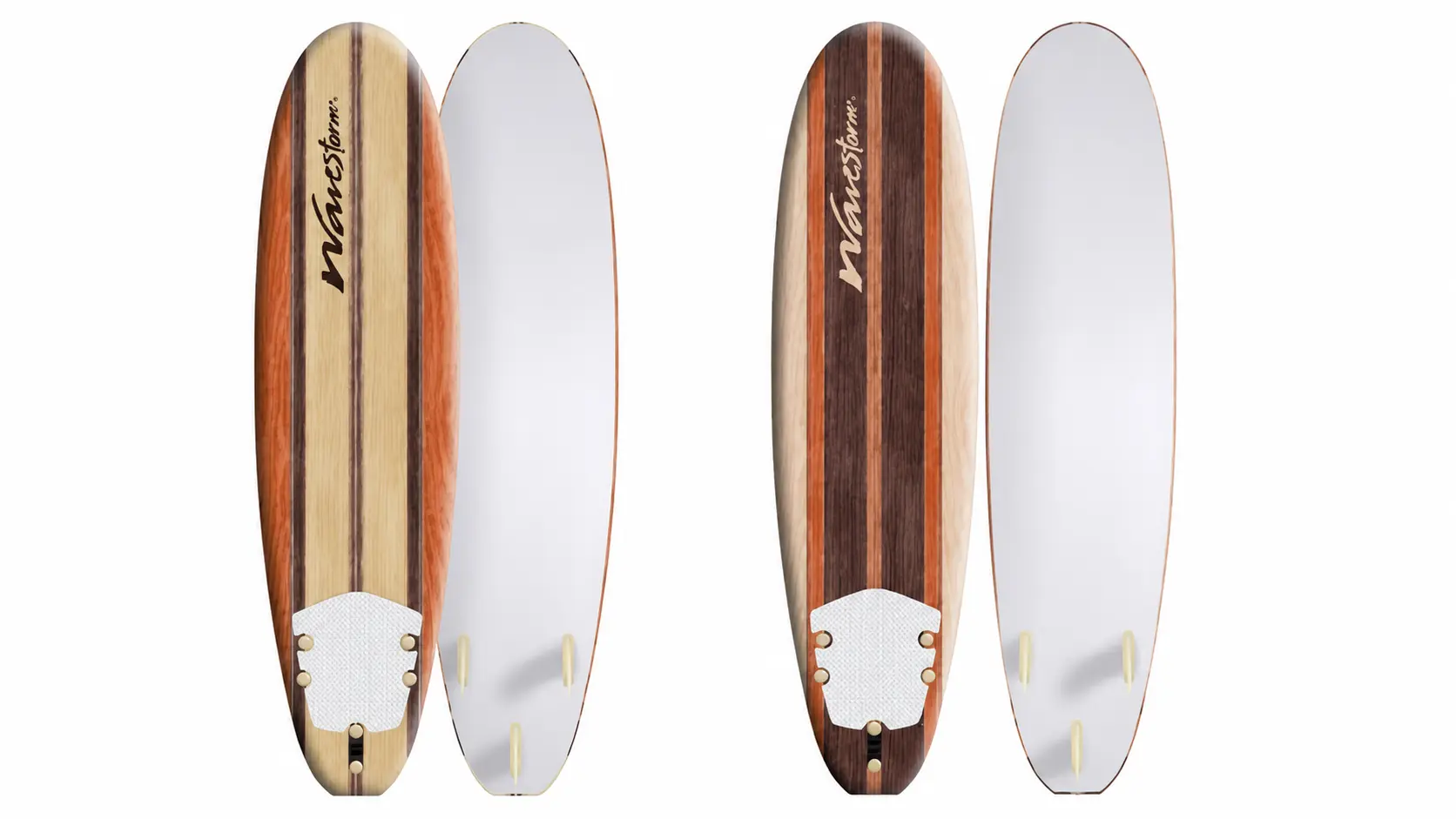 Costco surfboard display showing foam boards with wood style designs, traction pads, fins and white backgrounds