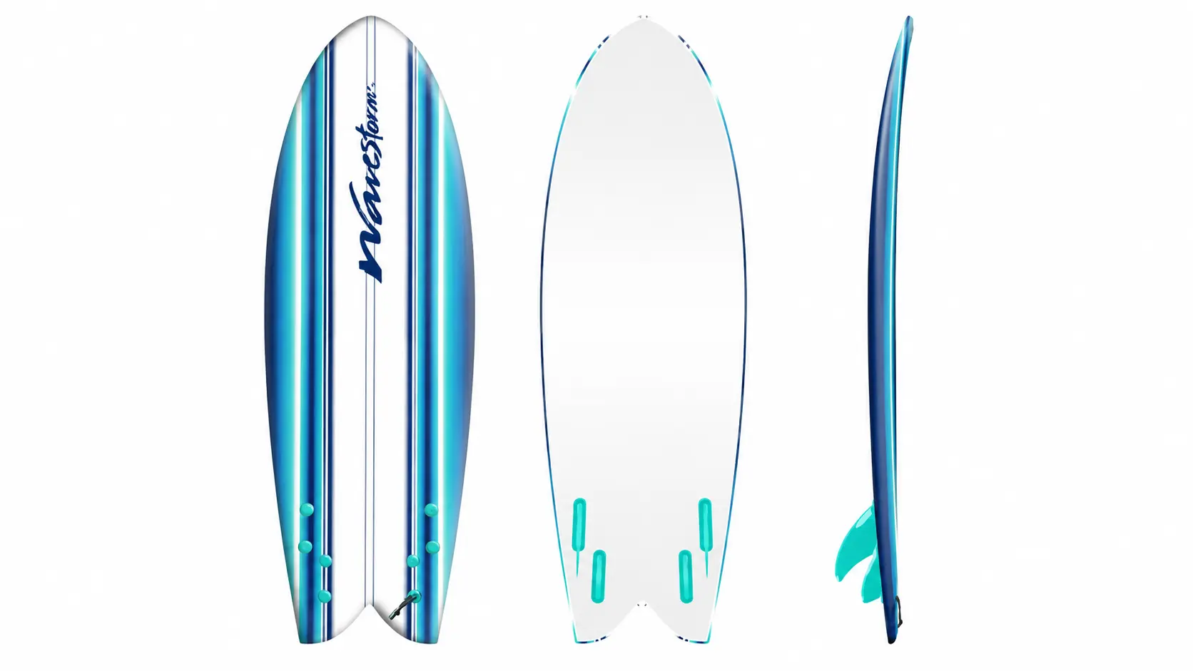 Costco surfboard with blue striped design showing top, bottom, and side views with fins on a white background