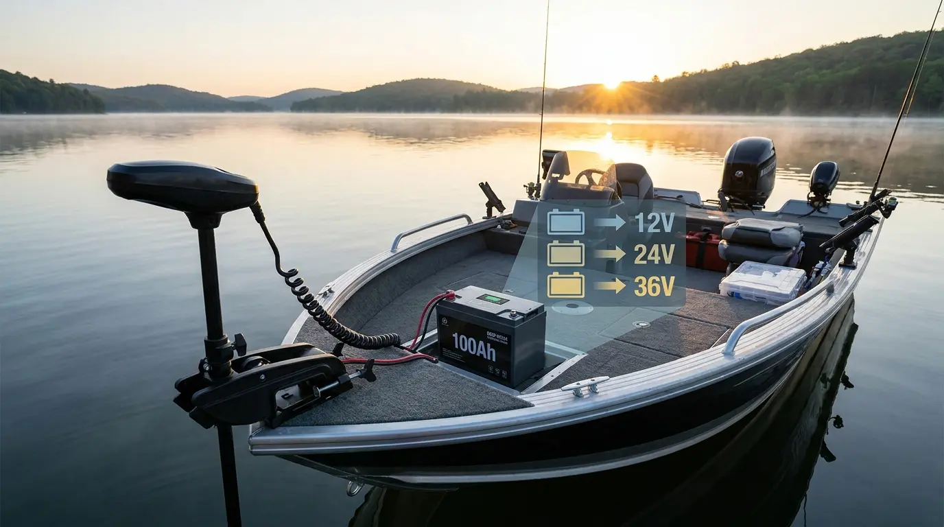 Trolling motor with deep-cycle battery showing battery size options