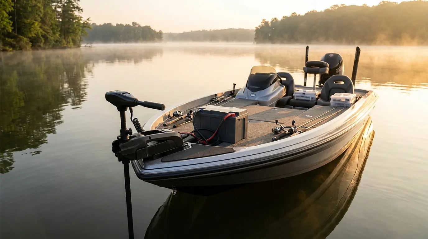 Trolling motor with deep-cycle lithium battery on a fishing boat at sunrise