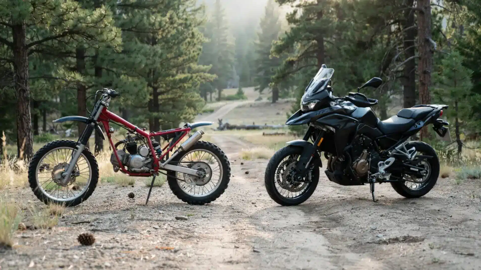 Two motorcycles, a classic dirt bike and a modern touring bike, parked on a forest trail.