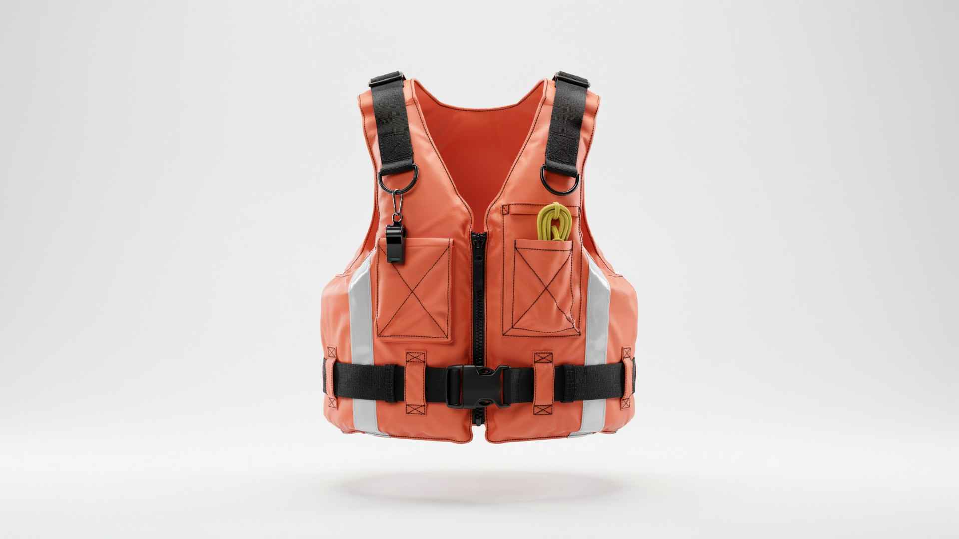 Heavy duty offshore life vest on white studio background