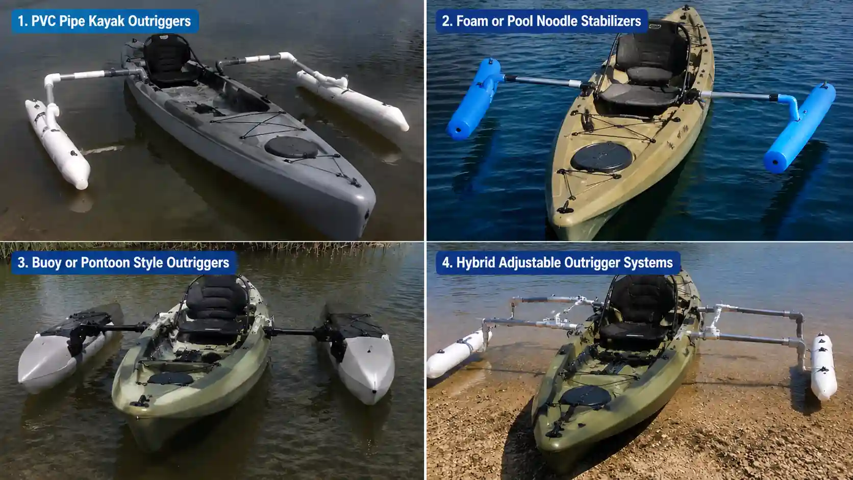 Four types of DIY kayak outriggers: PVC pipe, foam noodle, pontoon, and hybrid adjustable systems.