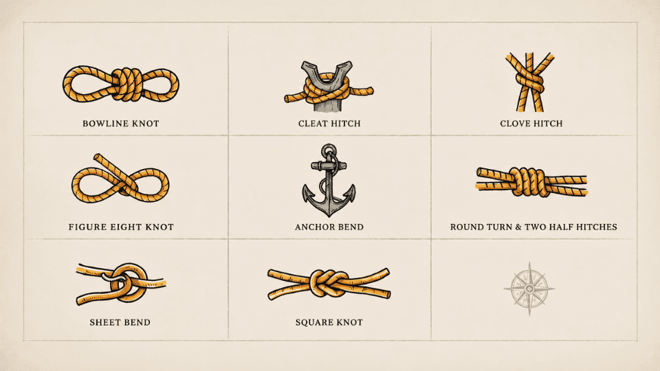 Illustration showing different types of boating knots including bowline, cleat hitch, clove hitch, figure eight, anchor bend, and square knot examples