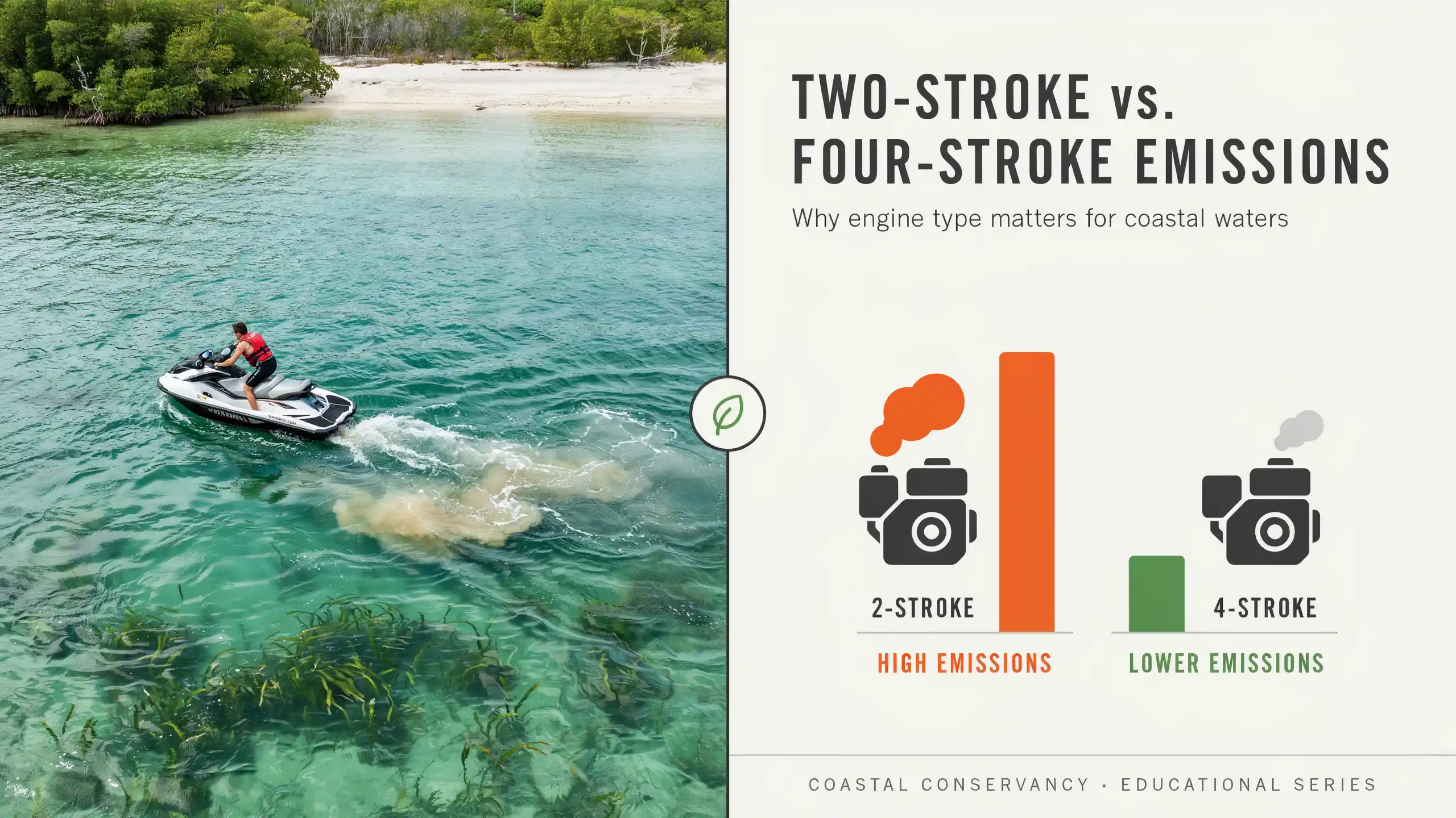 Two stroke vs four stroke engine emissions infographic showing higher smoke from 2-stroke and cleaner 4-stroke use.