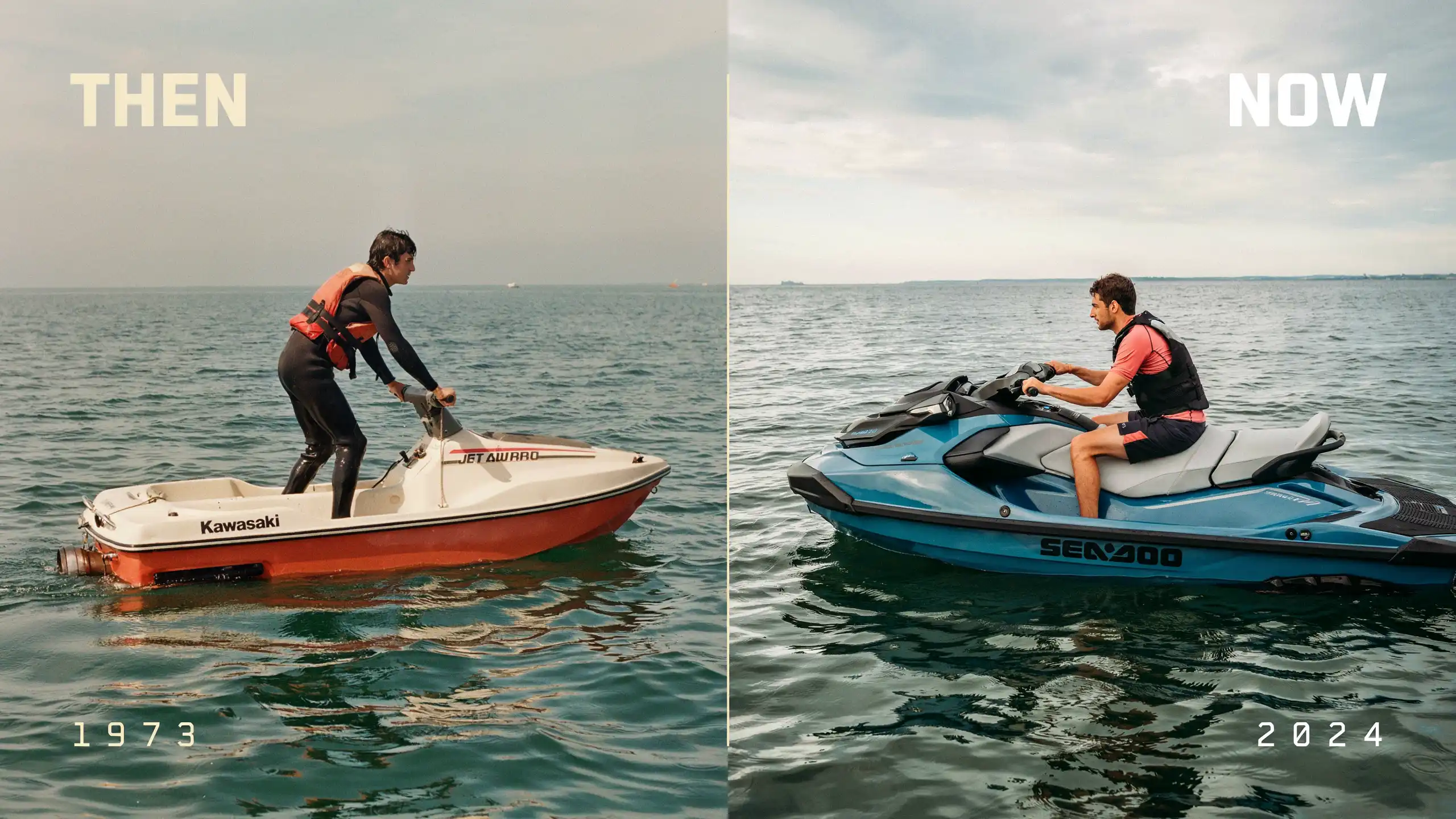 Split comparison showing THEN 1923 man on small boat and NOW 2024 rider on modern jet ski across open water scene .