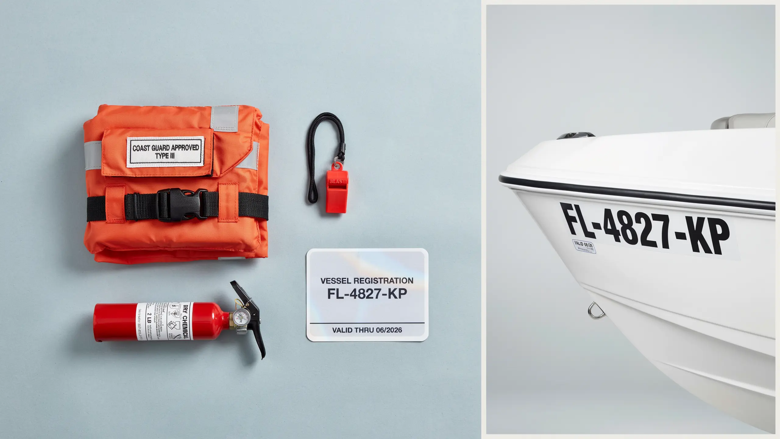 Split view boating safety gear orange kit fire extinguisher registration plate boat bow hull ID FL-4827-KP safety.