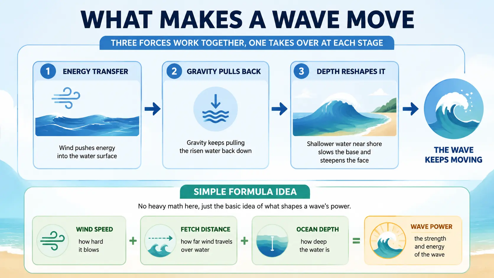 Educational wave infographic showing energy transfer, gravity, depth effects, and wave power formula with wind speed fetch distance and ocean depth explained clearly.