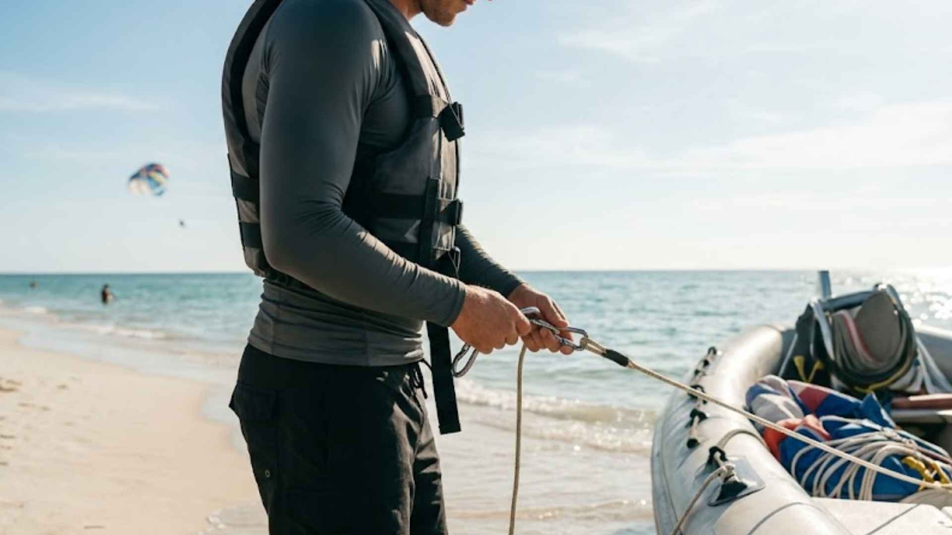Person wearing a fitted rash guard top before parasailing on a sunny beach with ocean background