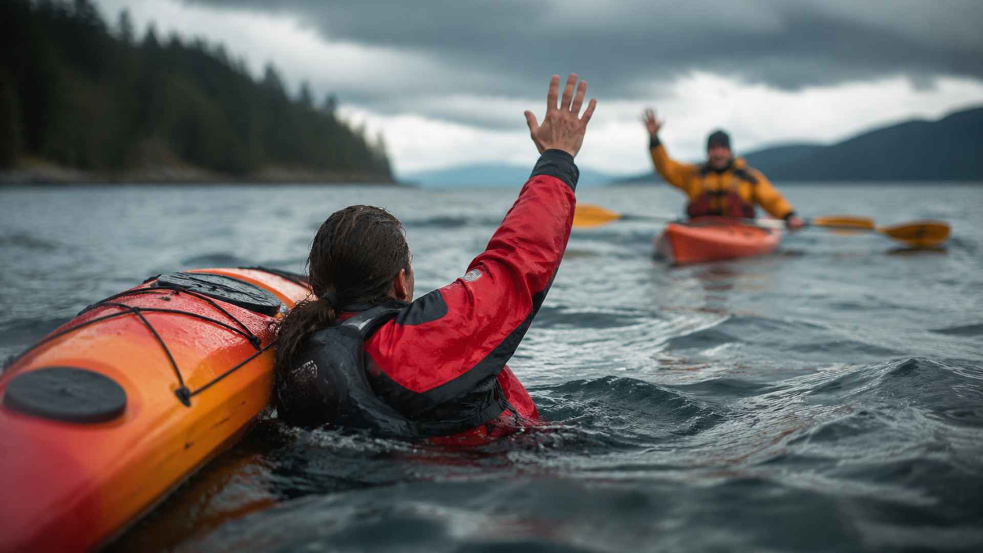 Kayaker signaling for help in rough water while another paddler approaches for assistance in a rescue situation, outdoor lake scene