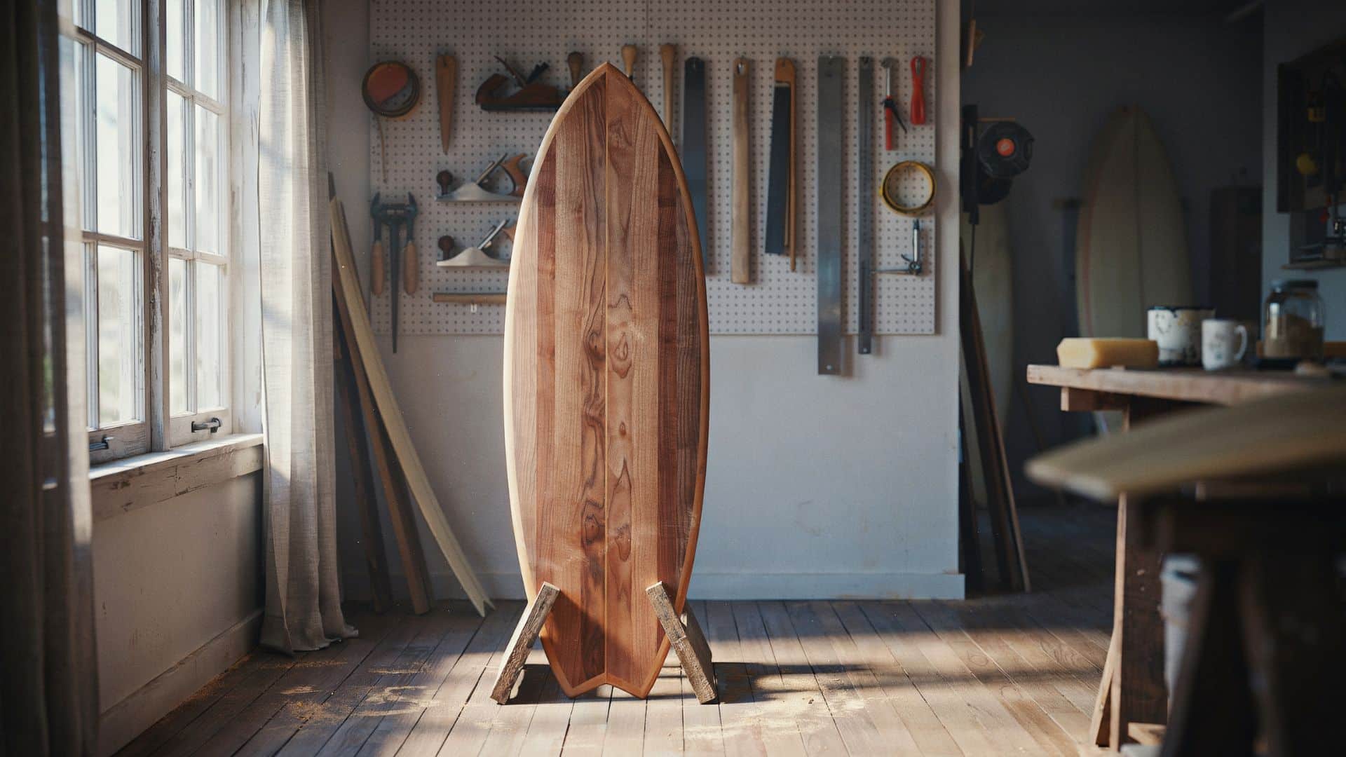 Traditional wooden surfboard with natural grain displayed on a stand in a workshop