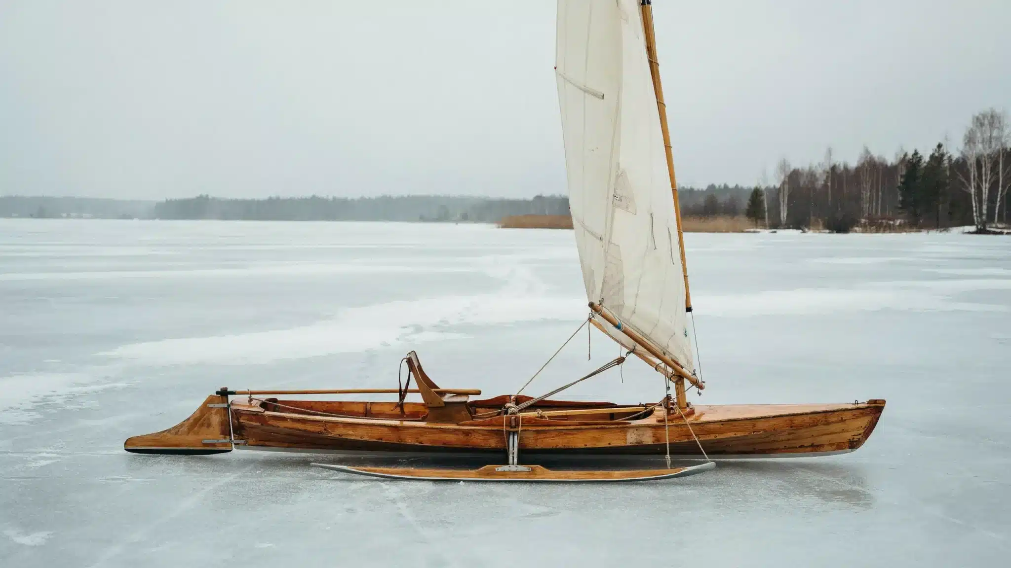 Traditional wooden classic iceboat resting on frozen lake with vintage sail design