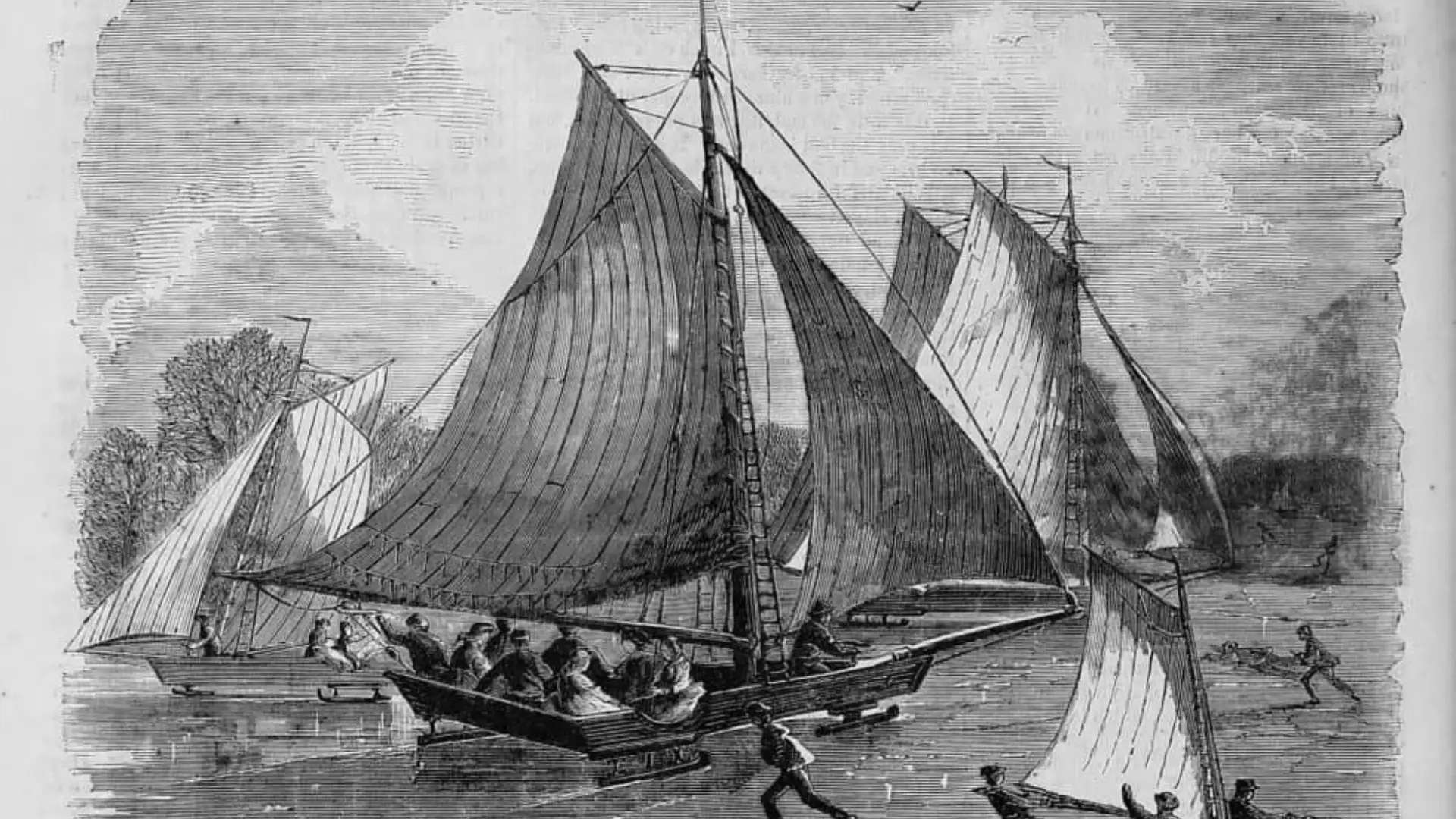 Historical illustration showing early iceboats sailing across frozen lakes