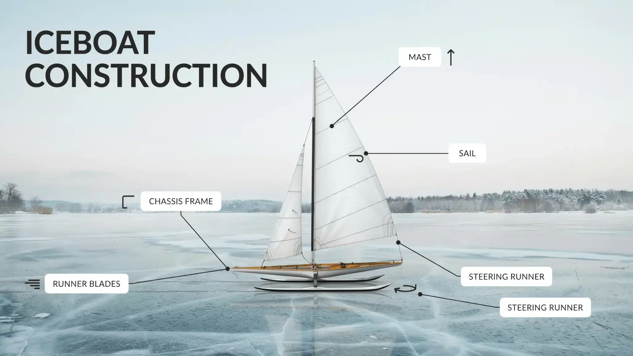 Iceboat construction infographic showing mast sail frame runners and steering components