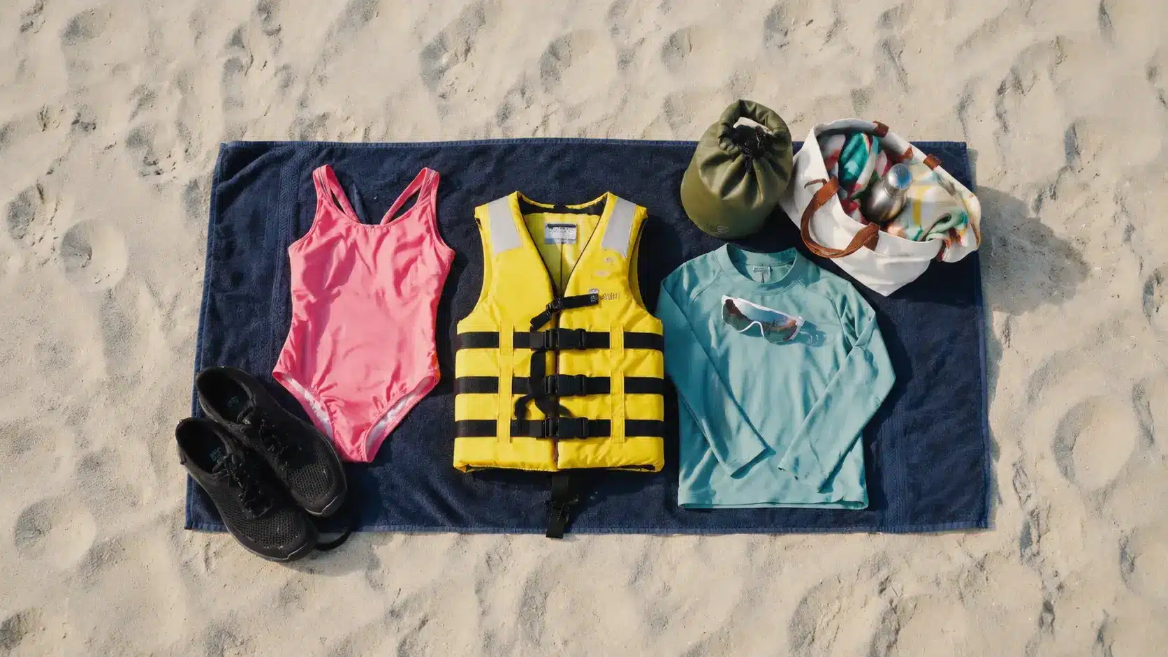Parasailing and paragliding clothing essentials with life jacket, swimwear and outdoor gear arranged on beach towel