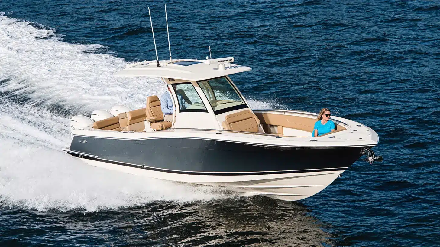 A dark gray and white center-console motorboat riding through choppy blue ocean waters.