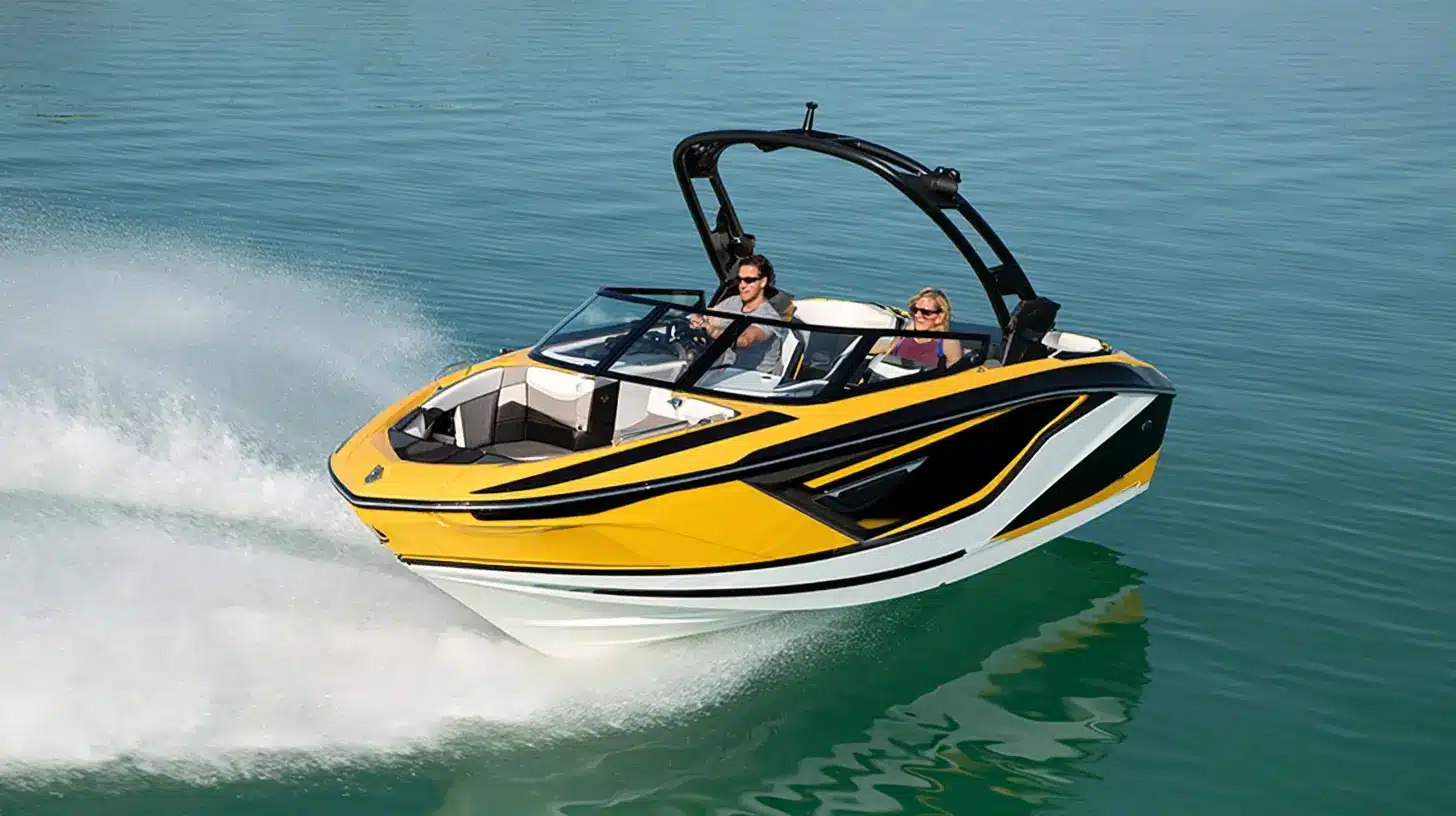 A vibrant yellow, black, and white sports boat cruising through calm, turquoise water with two people aboard.