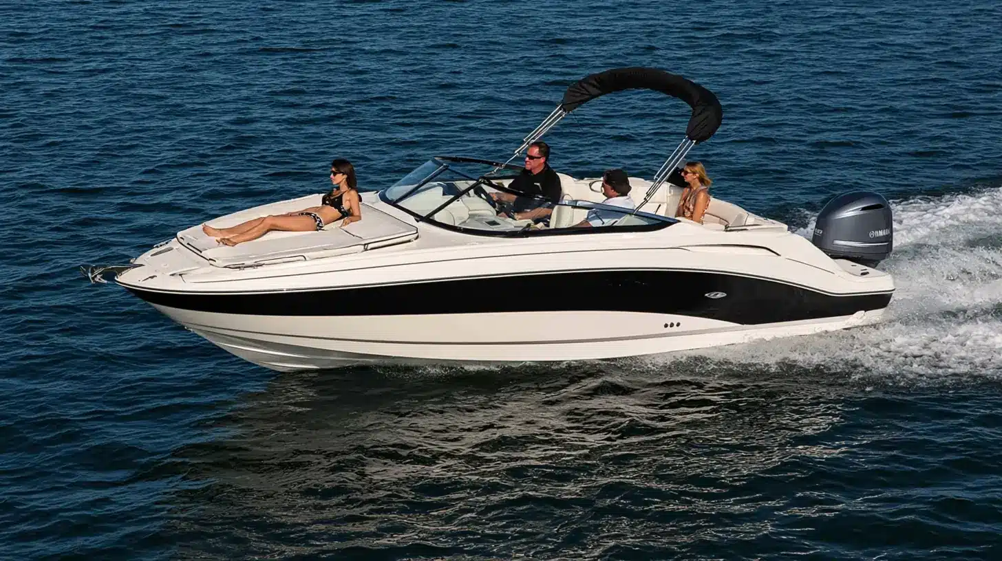 A white and black powerboat with a bimini top cruising on open water with four people on board