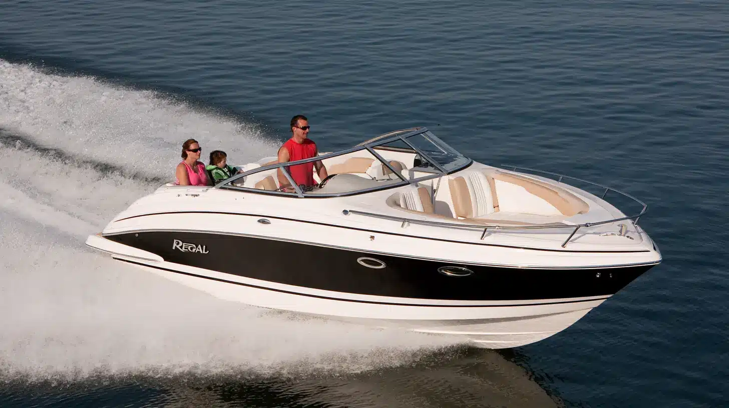 A white and black Regal motorboat speeding across blue open water, carrying a family of three.