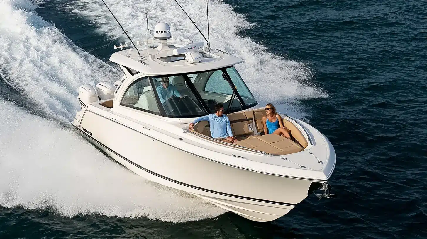 A white Pursuit powerboat cruising through ocean water with passengers lounging on the front bow seating.