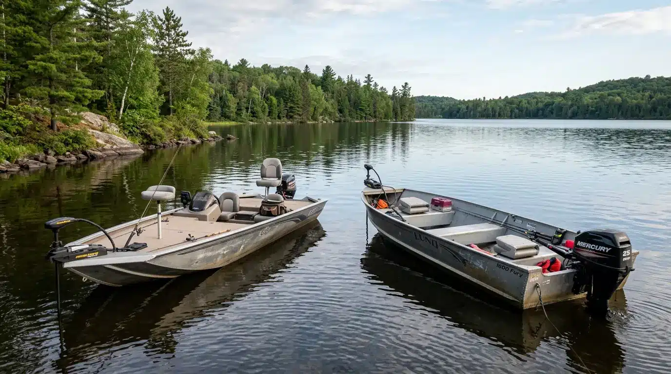 Aluminum fishing boats with bass and utility hull designs resting on a calm lake surrounded by trees for anglers