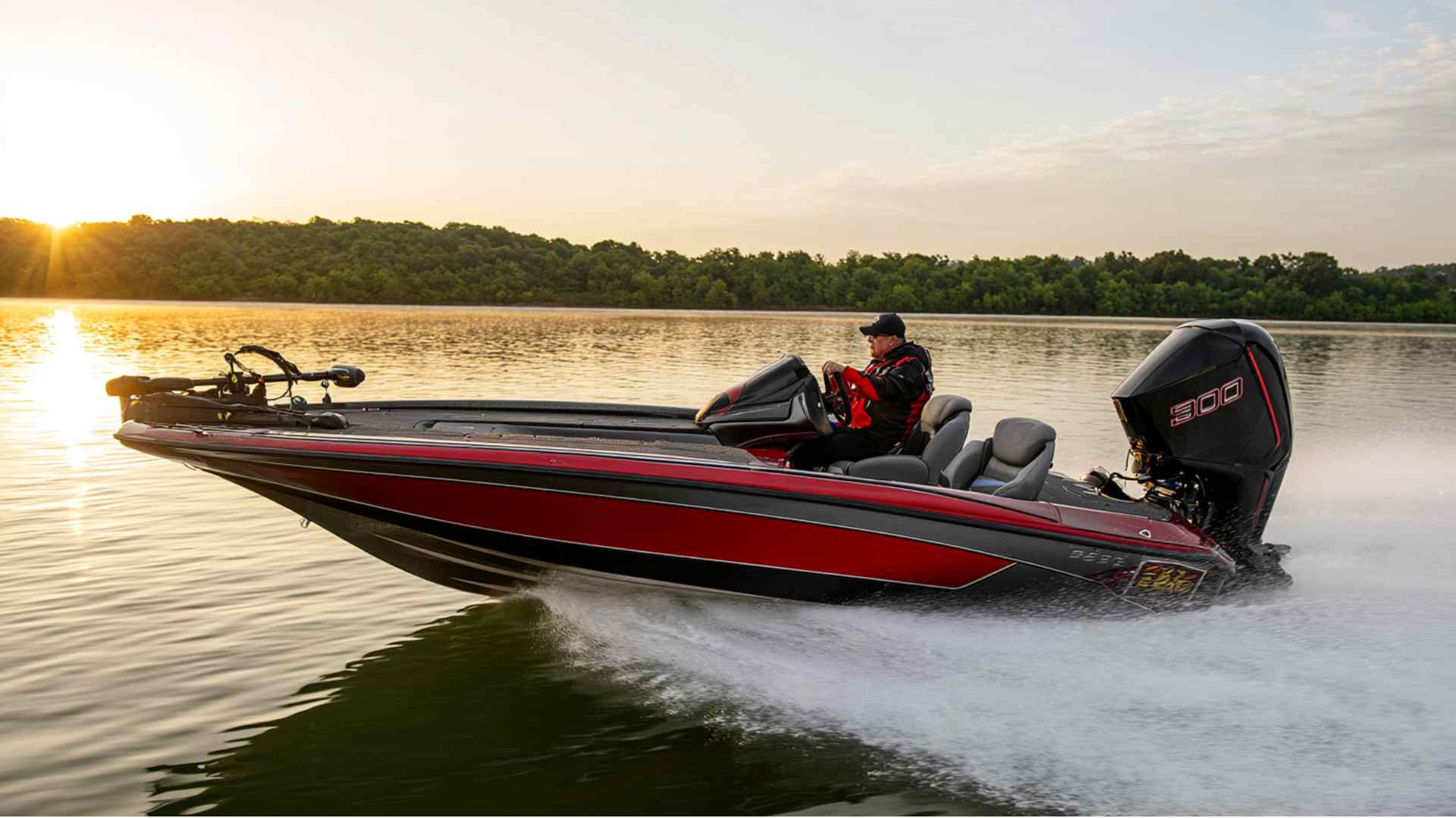Bass boat with anglers fishing on a large freshwater lake