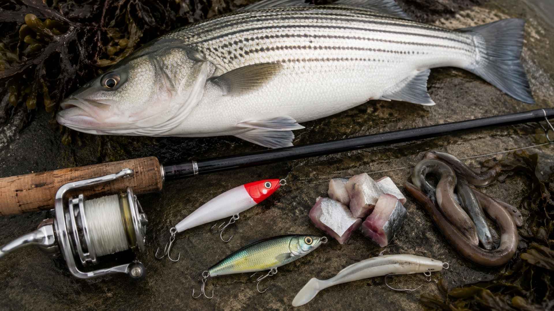 Striped bass fish with fishing rod, reel, live bait, and artificial lures on a wet coastal rock surface