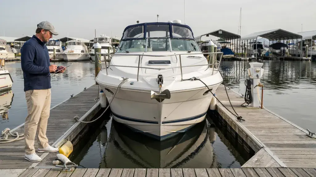 Boat owner inspecting a properly sized marina slip with a secured vessel, finger piers, utility hookups, and covered storage options visible