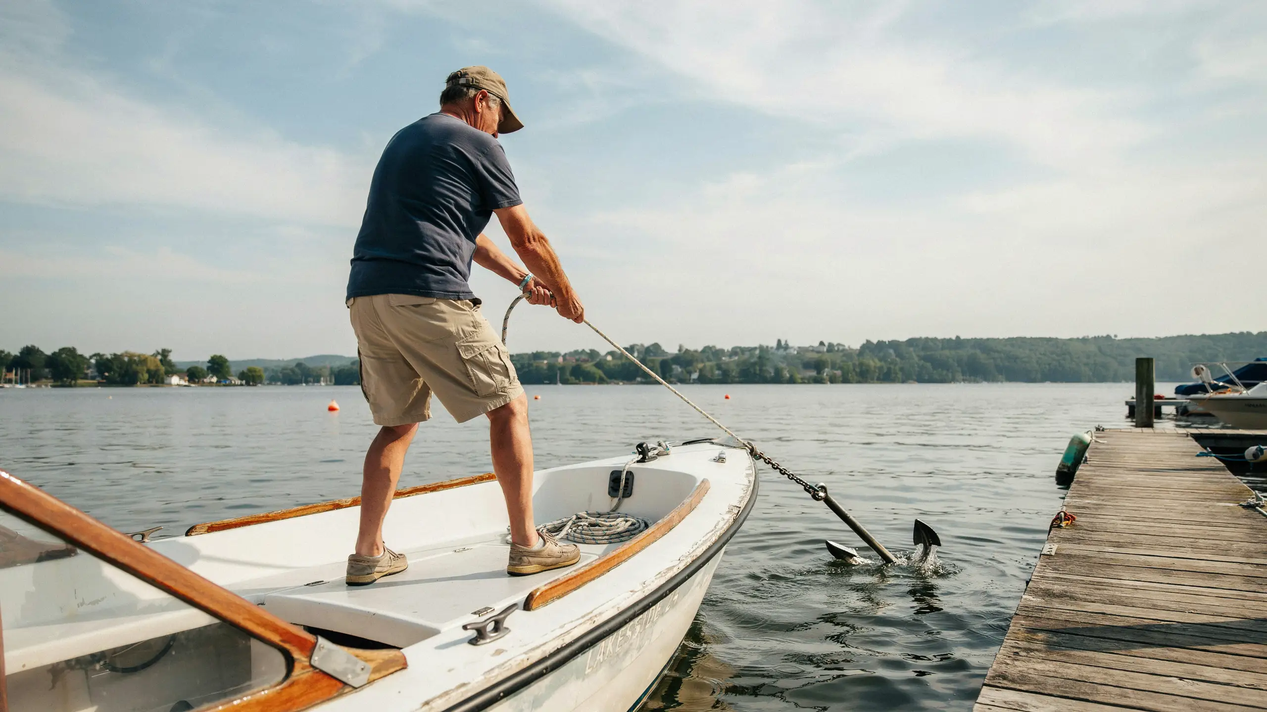 Boater pulling anchor rode by hand while retrieving the anchor from the water safely