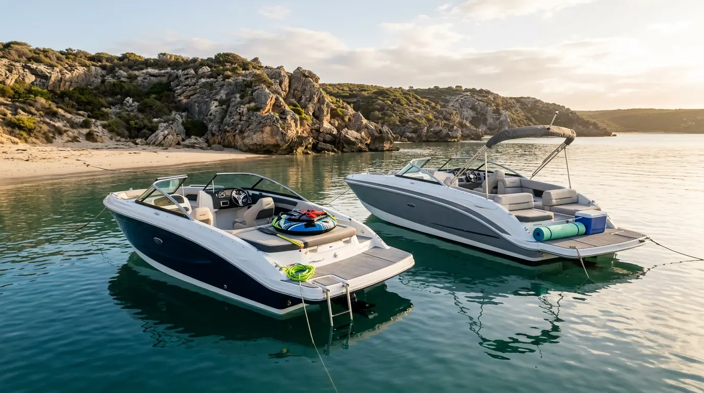 Bowrider and deck boats with open seating areas anchored near a rocky coastline for family water activities and day trips