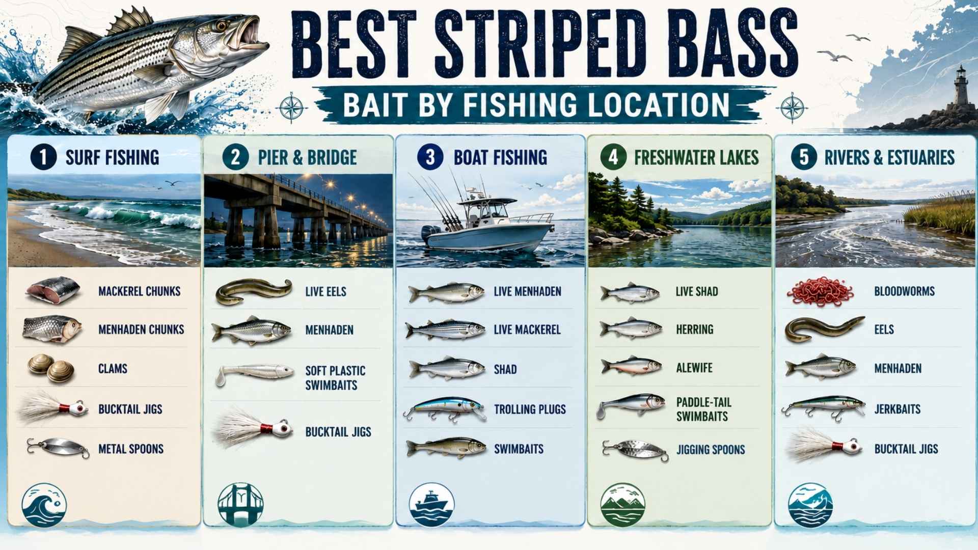 Striped bass lure selection chart by fishing location type
