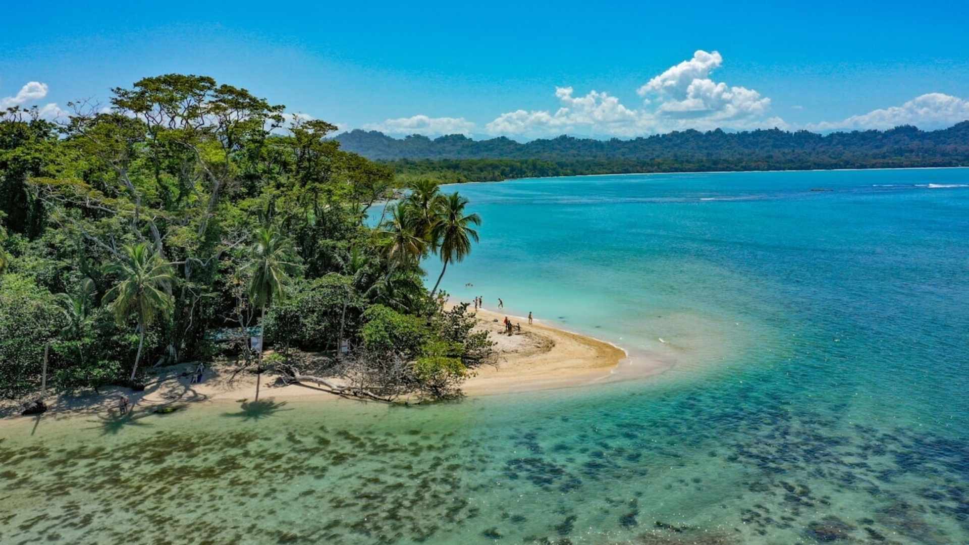Cahuita National Park Costa Rica aerial view of turquoise Caribbean waters coral reef and tropical coastline