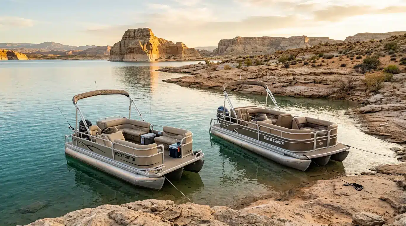 Compact pontoon boats with stable decks anchored near rocky desert lake shores for calm family cruising and recreation
