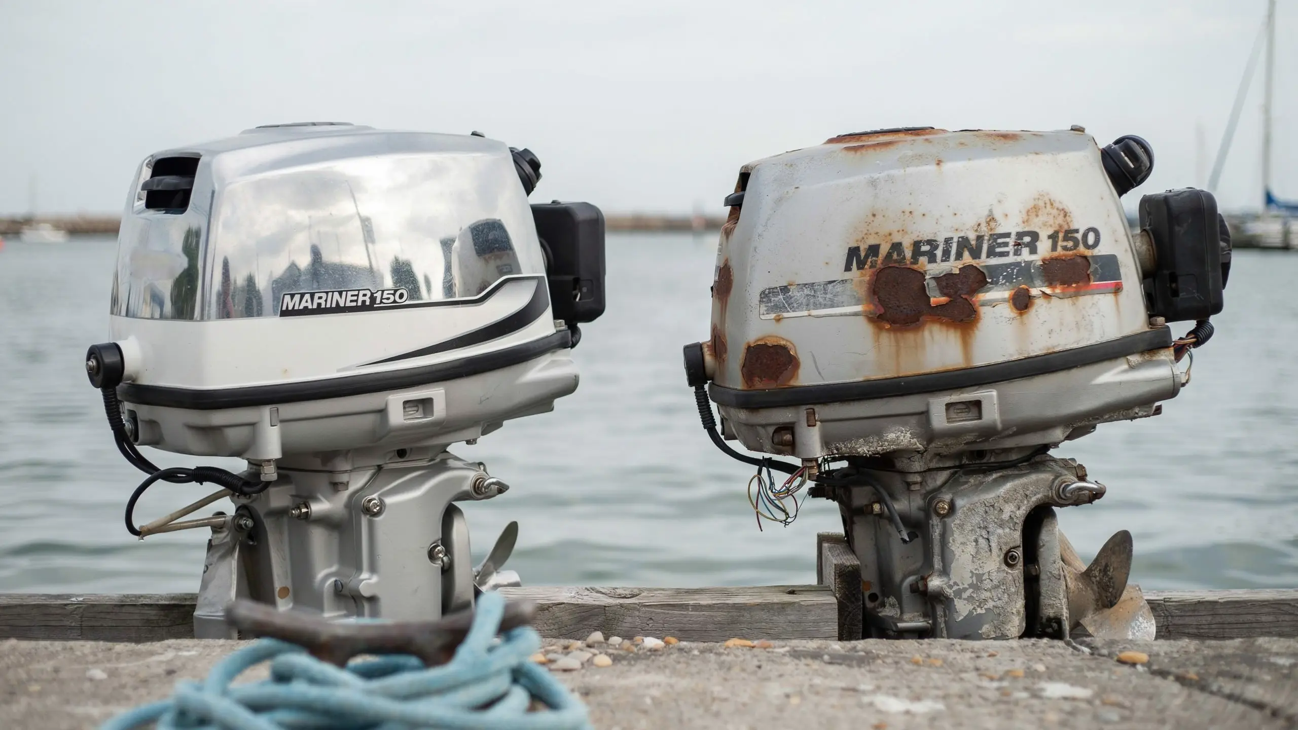 Comparison of a well-maintained engine and a worn engine showing factors in boat resale value