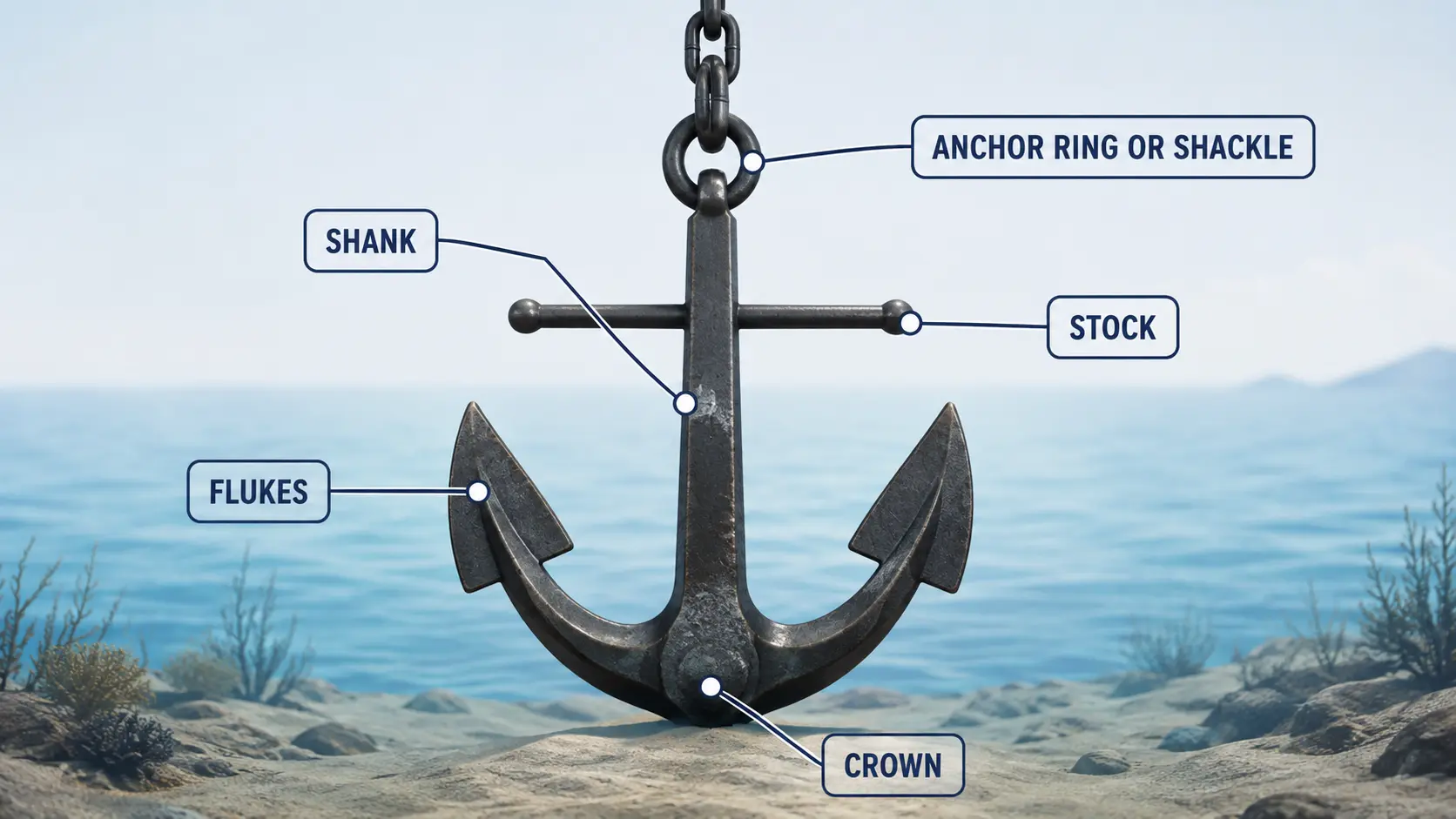 Diagram showing labeled parts of a metal anchor resting underwater on the seabed.