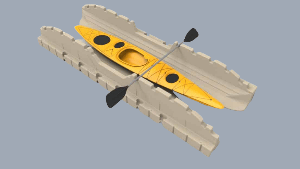 EZ Dock EZ Launch Floating V-shaped kayak launch system on a plain background