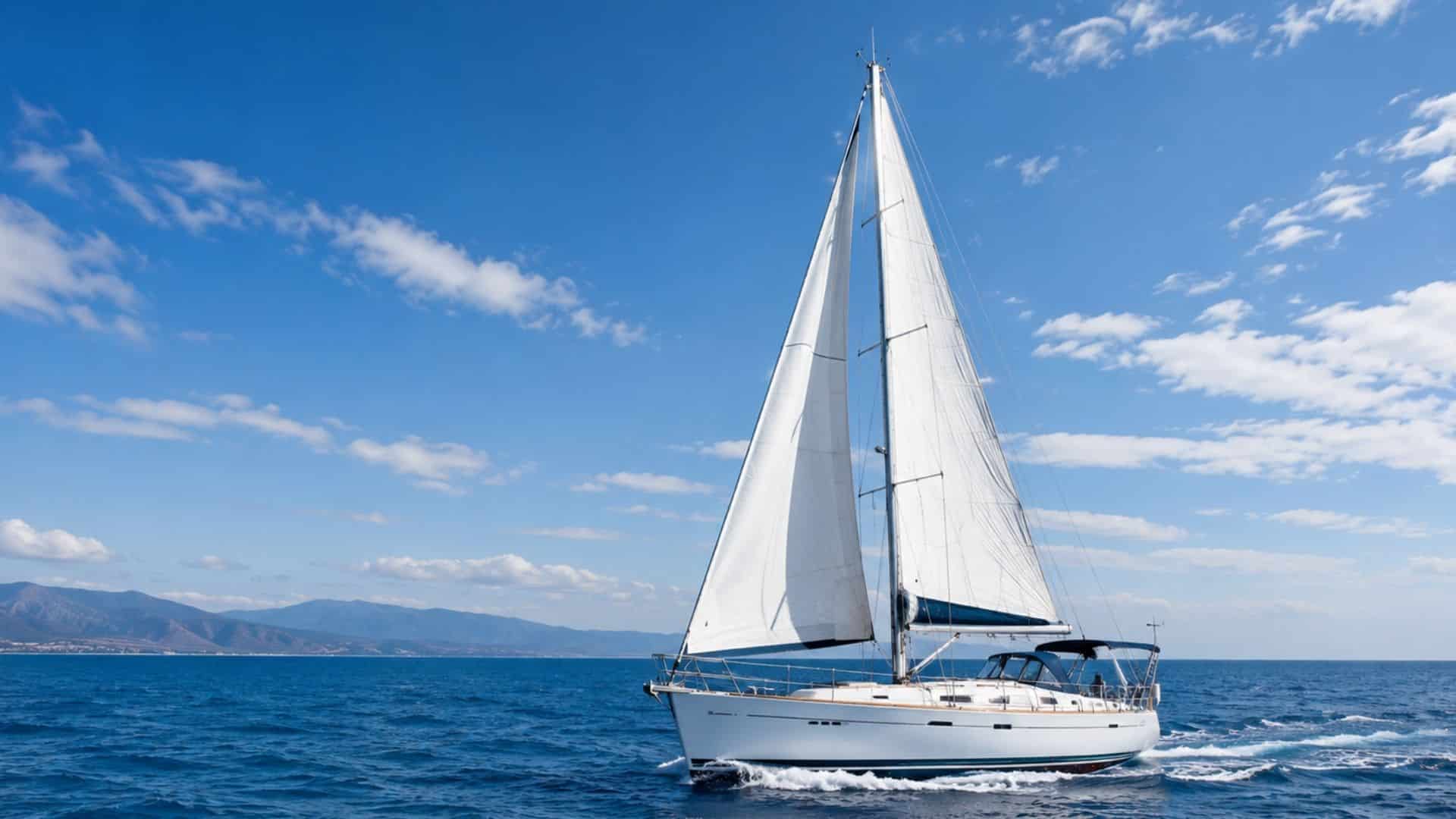 Sailboat sailing across open blue water under a clear sky
