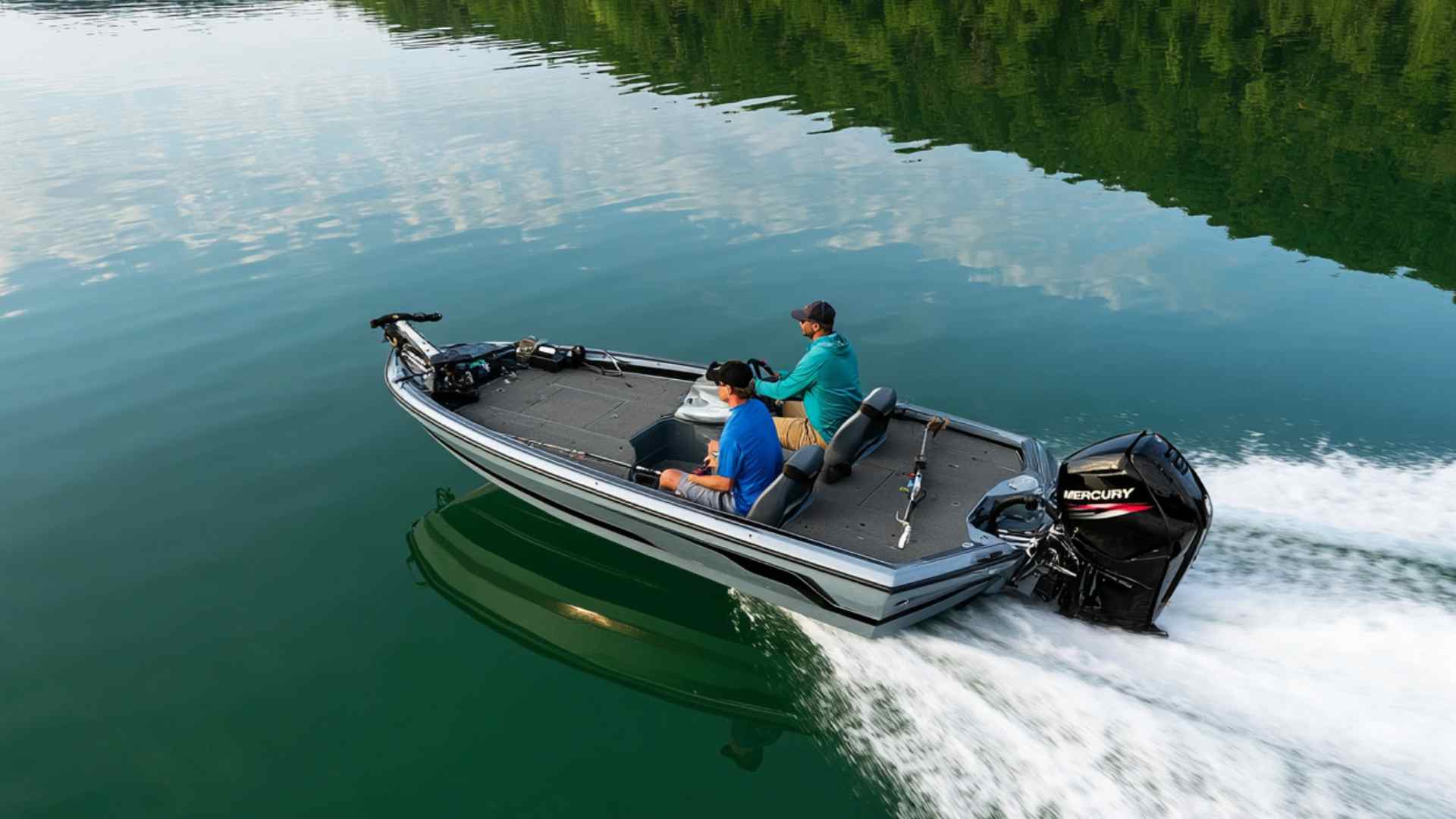 Fishing boat with anglers casting on a freshwater lake